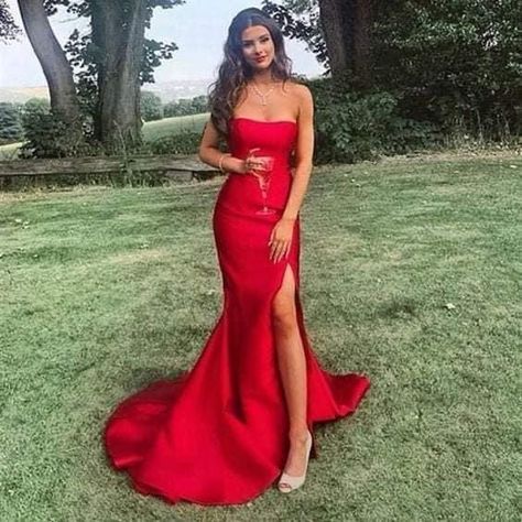 Red Prom Dress Strapless, Strapless Red Prom Dress, Prom Dresses Classy, Blanche Devereaux, Winter Ball, Insta Poses, Red Satin Dress, Prom Inspo, Elegant Hair