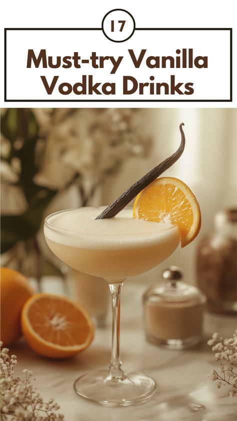 Glass of vanilla vodka cocktail garnished with a slice of orange and a vanilla pod, placed on a table with other drink ingredients in the background. Vanilla Vodka And Amaretto, Vodka Creamsicle Drink, Classic Vodka Martini, Vodka Kahlua Drink Recipes, Vanilla Vodka Recipes Cocktails, Vanilla Whiskey Drinks, Vanilla Vodka Drinks Recipes, Vanilla Vodka Cocktails Easy, Smirnoff Vanilla Vodka Recipes