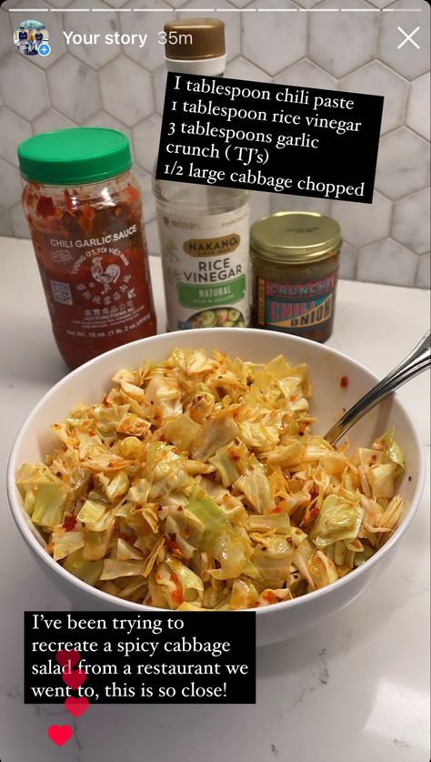 Cabbage salad Trader Joes Garlic Cabbage, Trader Joe’s Garlicky Cabbage, Trader Joes Chili Onion Crunch Recipes, Vegetable Side Dishes Healthy, Healthy Chili, Crunch Recipe, Spicy Peanuts, Cabbage Salad, Cabbage Recipes