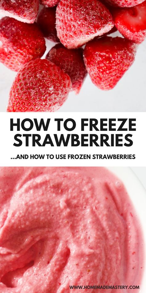 Learn how to freeze strawberries and how to use frozen strawberries to make delicious strawberry recipes like healthy strawberry ice cream, strawberry jam and strawberry smoothies! Fresh Strawberry Smoothie Recipe, Healthy Strawberry Ice Cream, Frozen Strawberry Recipes, Freeze Strawberries, Freezing Strawberries, Ice Cream Strawberry, Smoothie Recipes Strawberry, Healthy Strawberry, Freeze Dried Strawberries