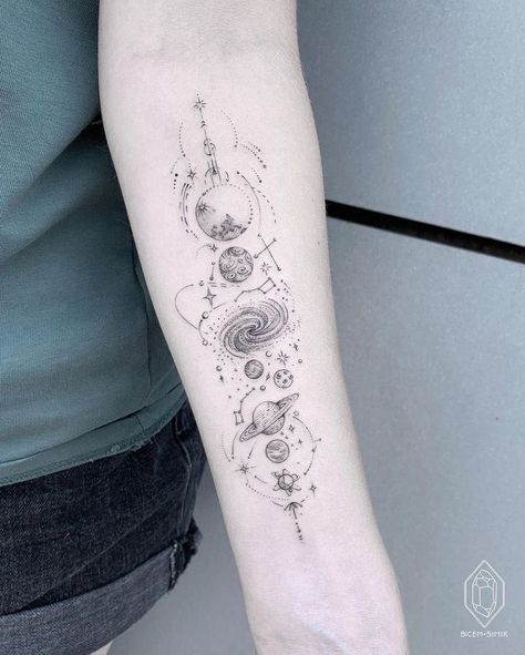 Space Tattoo Sleeve, Planet Tattoo, Astronomy Tattoo, Science Tattoo, Cosmic Tattoo, Science Tattoos, Universe Tattoo, Forearm Band Tattoos, Planet Tattoos