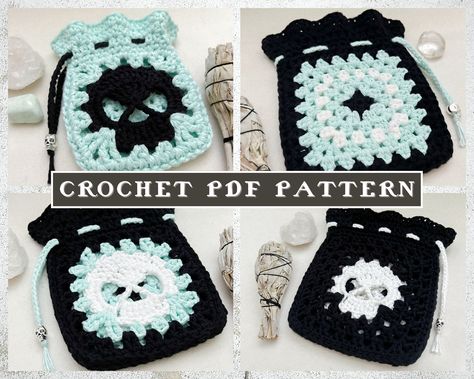 "--THIS IS A DIGITAL PDF PATTERN FOR CROCHETERS ONLY. You will NOT be receiving a physical handmade item. Please read entire page before purchasing-- Crochet your own skull granny square drawstring pouch. PDF pattern incudes sizes Small, Medium, & Large, but it is easy to add to size up or down from given instructions. Pattern includes many pictures and diagrams to assist through each step.  Measurements of pouch are approximate, and may vary depending on tension and yarn used Small: 4\" wide x Planchette Crochet, Usable Crochet Projects, Things To Crochet For Your Boyfriend, Granny Square Drawstring Pouch, Gothic Crochet Patterns Free, Drawstring Pouch Pattern, Skull Granny Square, Skull Crochet Pattern, Crochet Drawstring Pouch