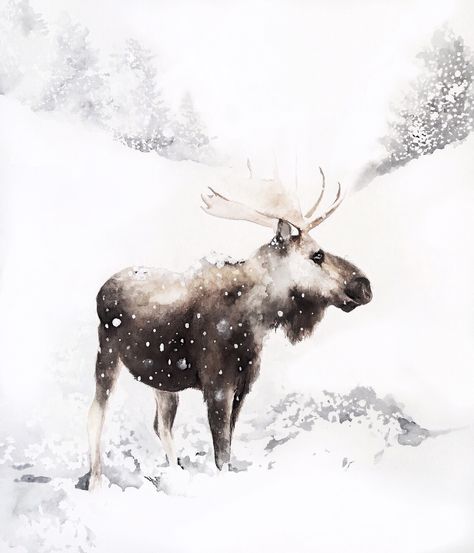 Watercolor Moose Painting, Watercolor Winter Animals, Winter Watercolor Paintings, Moose Drawing, Moose Watercolor, Watercolor Moose, Watercolor Winter Landscape, Moose Illustration, Moose Painting