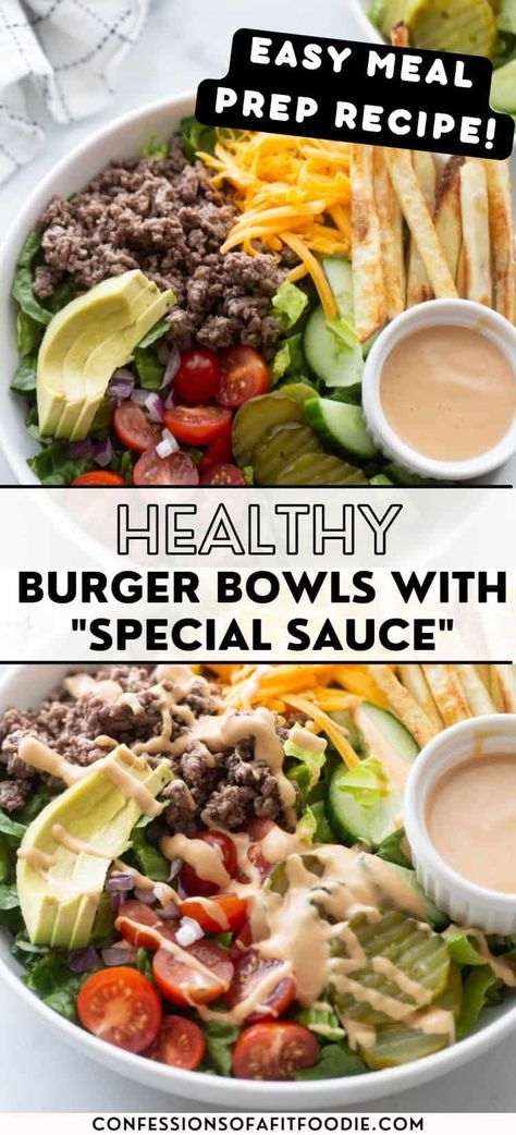 Burger Bowls - aka Burger Salads - are the quick and easy way to enjoy all the flavors of a burger loaded with veggies and all your favorite burger toppings! Add some homemade fries and "special sauce" for a dinner your whole family will love. June Recipes, Burger In A Bowl, Lettuce Wrapped Burger, Healthy Burger Recipes, Burger Bowl, Burger Bowls, Bunless Burger, Fixate Recipes, Burger Salad