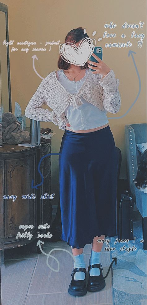 knit cardigan, midi skirt, mary janes, tank top, lace camisole, outfit inspo Lacy Cardigan Outfit, Lace Camisole Outfit, Camisole Outfit, Lacy Cardigan, Navy Midi Skirt, Character Styles, Cardigan Outfit, Outfit Collage, Cardigan Outfits