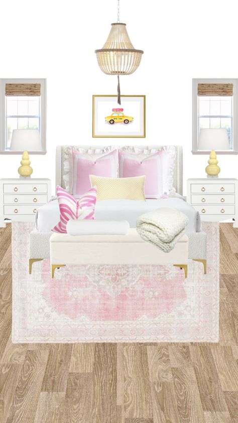 pink and yellow room inspo Pink And Yellow Room, Bedroom Vibes, White Room Decor, Room Items, College Dorm Room Decor, Makeover Bedroom, Classy Bedroom, Room Details, Yellow Room