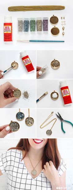 STEPS | Faux Druzy Necklace & Earrings Glitter Projects, I Spy Diy, Glitter Necklace, Diy Glitter, Diy Jewlery, Druzy Necklace, Things To Make, Glitter Diy, Necklace Diy