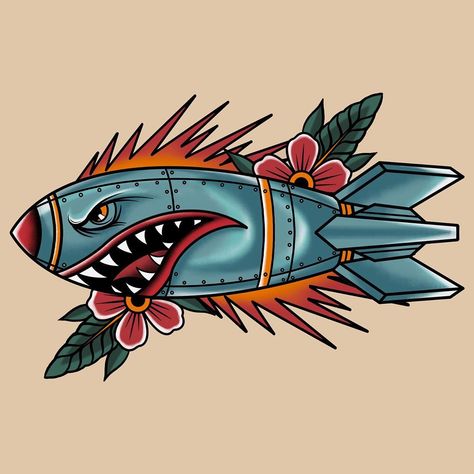 1,308 Me gusta, 22 comentarios - Nostradames (@nostradames_) en Instagram: ""Shark Bomb" done for commision work! 🦈🚀 If you need any custom design, please hit me up by DM • •…" American Traditional Hammerhead, Jaws Traditional Tattoo, American Traditional Shark Tattoo Design, Neo Traditional Shark, Neo Traditional Shark Tattoo, Dm Tattoo, Old School Tattoo Sleeve, American Traditional Sleeve, Traditional Tattoo Man