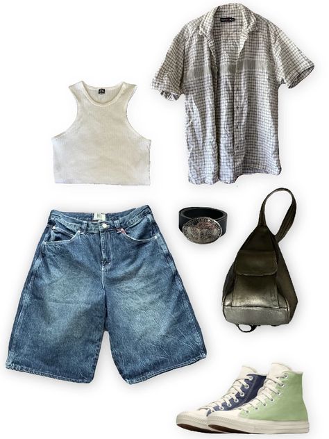 Converse With Jorts, Jorts Outfit Idea Alt, Dark Blue Jorts Outfit, Converse And Denim Shorts, Jorts + Boots, Converse, Girl Outfits, Outfit Ideas, Cute Outfits