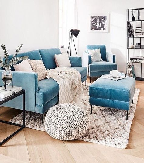 9 Light Blue velvet furniture pieces that will make you nostalgic - Daily Dream Decor Girl Apartment, Room Styling, Berlin Design, Velvet Furniture, Blue Couches, Apartment Style, Blue Living Room, Design Del Prodotto, Living Room Inspo