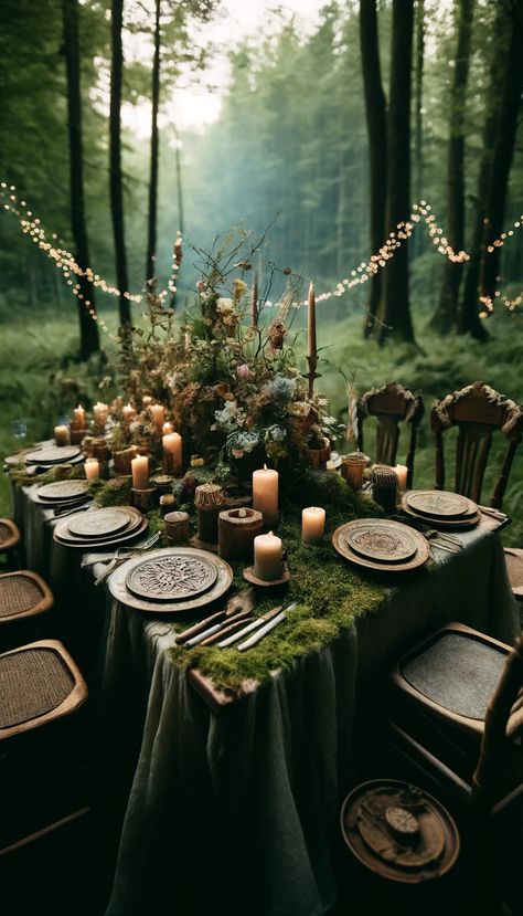 20+ Enchanting Outdoor Wedding Table Decoration Ideas to Inspire Your Special Day 🌿💍 - Laugh Lore Outdoor Enchanted Forest Party, Fairy Wedding Theme Enchanted Forest Table Settings, Enchanted Forest Wedding Table Decor, Enchanted Woodland Wedding, Fall Wedding Alter Decor, Pegan Wedding Decor, Woodland Decorations Forest Theme, Forest Table Decorations, Fern Tablescape