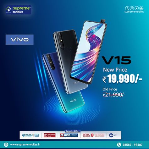 VIVO V15 Now @ 19,990/-  Shop online www.suprememobiles.in  #suprememobiles #VIVO #V15 Best Price Banner, Phone Ads Design, Phone Banner, Mobile Poster, Phone Ads, Technology Banner, Phone Poster, Mobile Ads, Restaurant Advertising