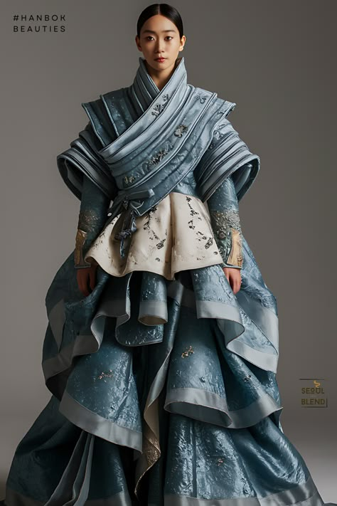 Hanbok's Blue Couture Korean Haute Couture, Kimono Inspired Outfit, Fashion Design Poses, Goth Japanese Fashion, South Korea Traditional, Fashion Design Outfits, Fabric Outfits, Blue Couture, Korean Traditional Dress Hanbok