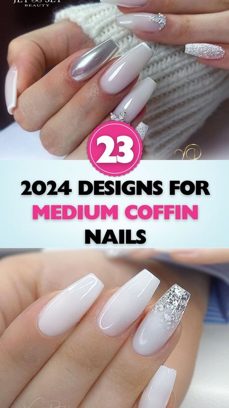 Update your look with these stylish medium coffin nail designs for 2024. Coffin Shape French Tip Nails Glitter, Acrylic Nails Coffin Chrome, Coffin Wedding Nails For Bride, Nails Design Medium Length, Medium Coffin Nail Designs, Small Coffin Nail Ideas, Long Coffin Nails Acrylics, Nye Nails Coffin, Simple Nail Designs Coffin