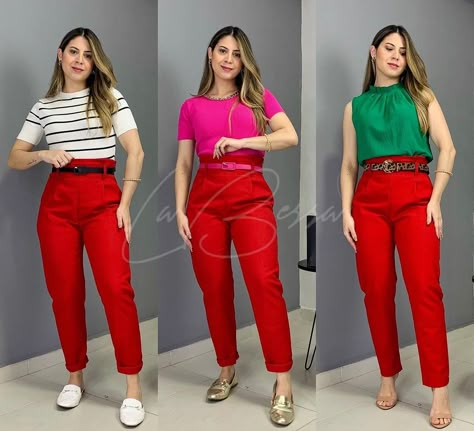 Business Casual Outfits With Red Pants, Outfits Pantalon Rojo, Outfit Pantalon Rojo, Red Pants Outfit, Colorful Street Style, Fall Business Casual Outfits, Fashionable Work Outfit, Colour Combinations Fashion, Color Combos Outfit