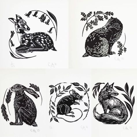 Lino Print Animals, Little Animals Drawings, Woodland Linocut, Woodland Animals Illustration, Woodland Tattoo, Animals Together, Lino Art, A Hedgehog, Lino Cut