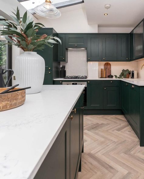 Chelford Fir Green Kitchens | Fitted Kitchens | Howdens Heritage Green Kitchen, Green Shaker Kitchen, Olive Green Kitchen, Green Kitchens, Terrace Kitchen, Fitted Kitchens, Paint Collection, Handleless Kitchen, High Gloss Paint