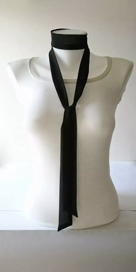 Black Standard Tie For Party, Black Tie For Party, Tie Outfits For Women, Neck Tie Outfit, Scarf Neck Tie, Outfit With Tie, Narrow Scarf, Tie Choker, Tie Outfit