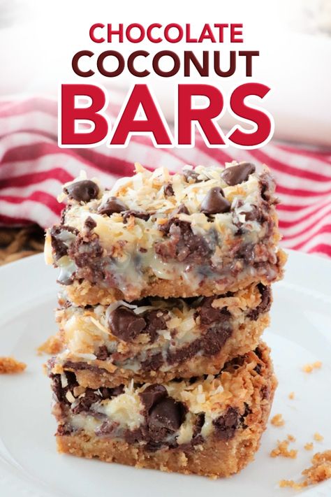 Chocolate Coconut Bars with Condensed Milk are an easy sweet treat dessert that comes together with less than 10 minutes of prep! Also known as Hello Dolly Bars, these bar cookies are sure to be a crowd-pleasing dessert! #coconutbars #barcookies #hellodollybars #chocolate #dessert Bars With Condensed Milk, Chocolate Coconut Bars, Dolly Bars, Milk Recipes Dessert, Congo Bars, Hello Dolly Bars, Ball Cookies, Sweetened Condensed Milk Recipes, Coconut Chocolate Bars