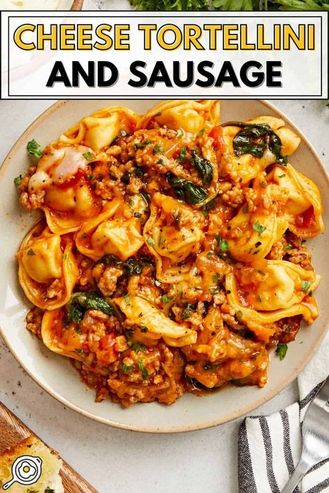 Cheese Tortellini and Sausage Skillet Sausage Skillet Meals, 1 Pot Dinners Healthy, Ground Pork Tortellini Recipes, One Pot Weeknight Meals, Easy Healthy Cheap Meals, Tortellini And Sausage Recipes, One Pot Skillet Meals, Weeknight Dinner Easy Healthy, 1 Pan Meals