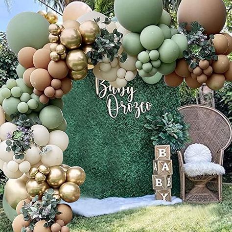 Sage Green Balloon Garland, Woodland Birthday Decorations, Baby Shower Verde, Green Balloon Garland, Jungle Balloons, Baby Shower Balloon Arch, Balloon Wreath, Green Baby Shower, Woodland Birthday