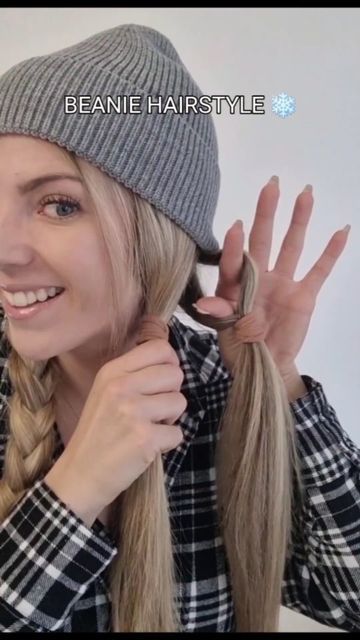 Cute Hair Styles With Beanies, Long Hairstyles With Beanie, Braids With Beanie Hairstyles, Easy Pig Tail Hairstyles, Hair Ideas Pigtails, How To Wear A Beanie With Long Hair, Hairstyles For Beanie, Hairstyles With A Beanie, Hairstyles To Wear With A Beanie