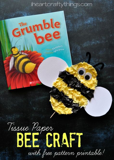 Make this Tissue Paper Bee Kids Craft with the free printable included. Great craft for kids for spring or summer. Paper Bee, Bee Craft, Diy Paper Art, Insects Preschool, Bugs Preschool, Bee Activities, Bee Classroom, Pattern Printable, Bee Crafts