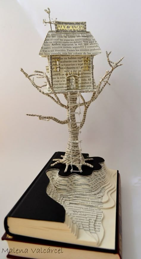 #Book #sculpture of a #treehouse. | #carve #tree #house #design #art #design #read #books Book Art Sculptures, Paper Art Sculpture, Upcycle Books, Haunted Hotel, Altered Book Art, Folded Book Art, Book Sculpture, Book Folding, Paper Book