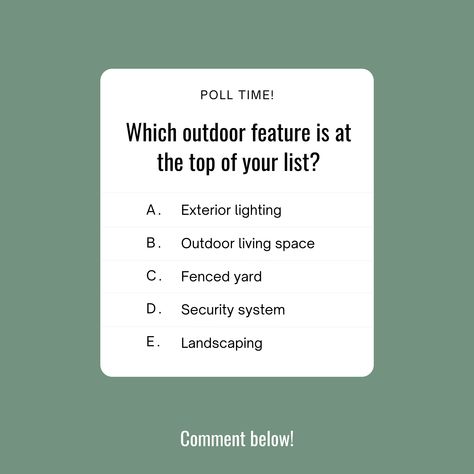 Poll time! Which outdoor feature is at the top of your list? 🌳 A. Exterior lighting B. Outdoor living space C. Fenced yard D. Security system E. Landscaping Comment below! Toni Hedstrom, PA (813) 830-8664 tonihedstrom@dreamstyle360.com SL3240813 https://www.dreamstyle360.com/ Find Your DreamStyle! Compass Florida, LLC DreamStyle Team #dreamstyle360 #tonihedstromrealtor #compass #tampaflorida #realestatesales #realestateforsale #realestateagent #tamparealestateagent #realtorli Real Estate Polls, Inmobiliaria Ideas, Fenced Yard, Sell My House, Exp Realty, Berkshire Hathaway, Real Estate Tips, Real Estate Broker, Keller Williams