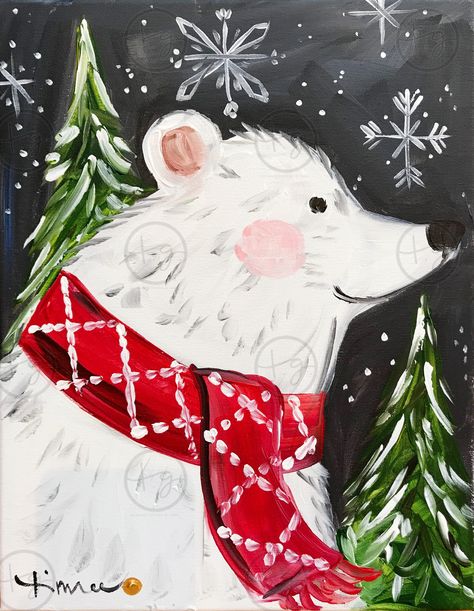 Polar Bear (12/2) Polar Bear Acrylic Painting, Polar Bear Painting, Polar Bear Paint, Oil Pastel Techniques, Kids Art Studio, Christmas Art For Kids, Black Canvas Art, Kids Canvas Art, Christmas Canvas Art