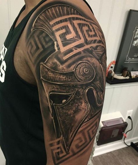 Spartan Warrior Tattoo, Spartan Helmet Tattoo, Tattoo Bicep, Warrior Tattoo Sleeve, Gladiator Tattoo, Mangas Tattoo, Helmet Tattoo, Spartan Tattoo, Greek Mythology Tattoos