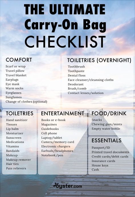 Best Carry-On Packing List | Oyster.com Travel Packing Checklist, Puddle Jumper, Bag Checklist, Travel Bag Essentials, Carry On Packing, Travel Toothbrush, Packing Checklist, Long Haul Flight, Roatan