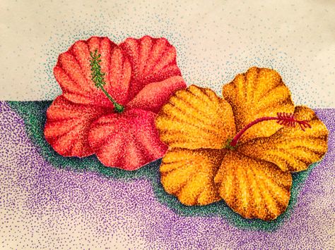 Hibiscuses done in marker- stippling (it's all dots!!!) Pointilism Flowers Art, Stripling Art, Art Sketches Easy, Painting Tutorial Abstract, Pointalism Art, Stippling Drawing, Mother Painting, Dotted Drawings, Stippling Art