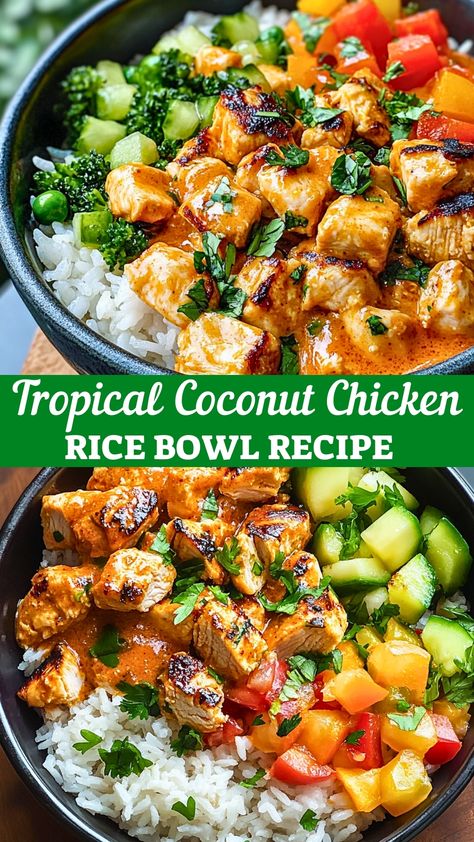 Craving a taste of paradise? This Tropical Coconut Chicken Rice Bowl is bursting with vibrant flavors from tender chicken, creamy coconut milk, and zesty lime. Perfect for a quick weeknight dinner or a weekend gathering, this dish makes any meal feel like a mini getaway. Save this recipe for a fresh and delicious dinner idea that everyone will love! Coconut Chicken Rice, Chicken Parmesan Pasta Recipe, Pasta Recipes For Lunch, Cajun Pasta Recipes, Brunch Salad, Chicken Rice Bowl, Chicken Parmesan Pasta, Chicken Rice Bowls, Rice Bowls Recipes