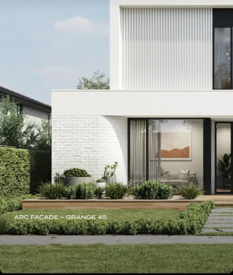 White Rendered House, White Brick Facade, Vertical Timber Cladding, Duplex Facade, Exterior Wall Ideas, House Front Facade, Townhouse Facade, Coastal Garden Ideas, Motel Ideas