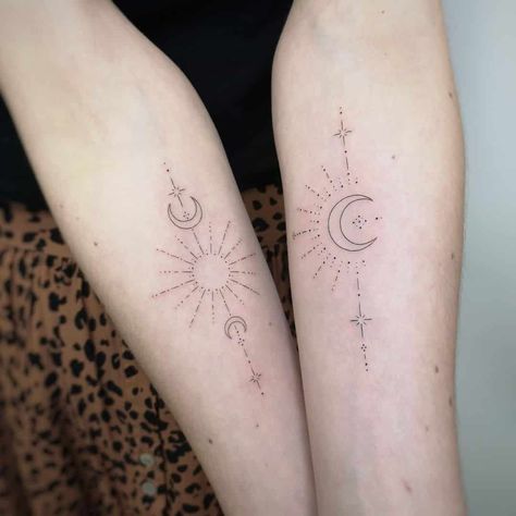 Amazing Sun Tattoo Design Ideas and Meaning Delicate Celestial Tattoo, Fineline Celestial Tattoo, Sun Tattoo Design, Inside Of Arm Tattoo, Tattoo Sonne, Celestial Tattoo, Sun Tattoo Designs, Inner Forearm Tattoo, Moon Tattoo Designs