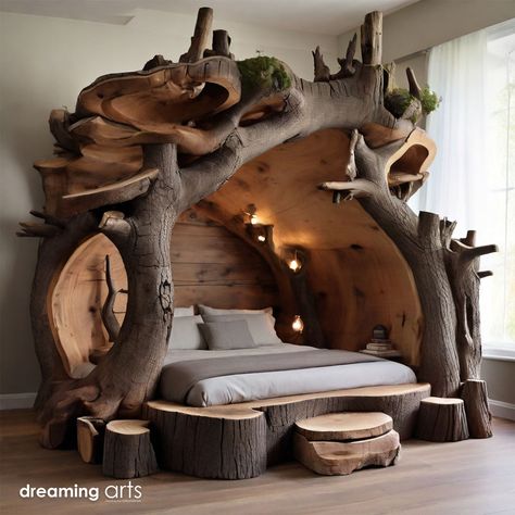 Bed Made From Old Tree Stumps: Feel Safe When Sleeping On This Bed Side By Side Beds, Montessori Bed For Adults, Enclosed Bed, Weird Beds, Nature Furniture, Tree Bed, Montessori Bed, Side Bed, Fantasy Bedroom