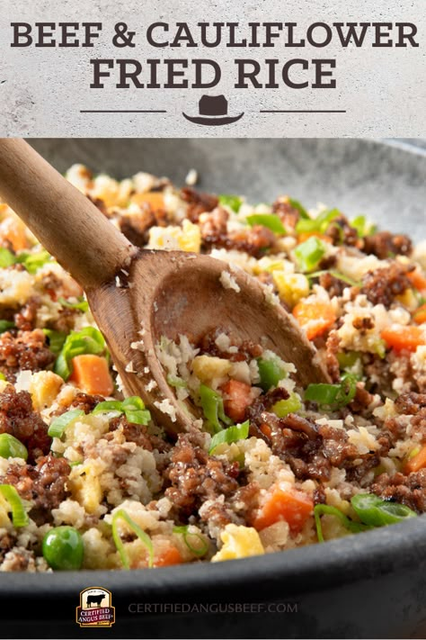 Beef and Cauliflower Fried Rice Bowl is a nutrient-rich, quick and easy way to turn eating your veggies into a meal that tastes better than take out. #bestangusbeef #certifiedangusbeef #beefrecipe #beef #friedrice #beeffriedrice #cauliflowerrice Beef Tips And Cauliflower Rice, Fried Califlour Rice Recipes, Beef And Cauliflower Rice Recipes, Ground Beef And Cauliflower Recipes, Cauliflour Fried Rice, Beef Cauliflower Rice, Fried Rice Bowl, Cauliflower Rice Stir Fry, Beef Chuck Steaks