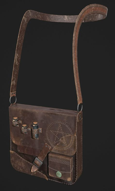 Steampunk Messenger Bag, Magic Bag Fantasy Art, Satchel Drawing Reference, Fantasy Bag Concept Art, Fantasy Satchel, Item Rpg, Book Satchel, Adventurer Bag, Medieval Tools