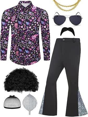 Lydoesy 70s Disco Outfit for Men 70s Costume with Retro Shirt Bell Bottom Pants Wig Sunglasses Necklace Mustache 70s Party Outfit Men, 70s Disco Party Outfit Men, Halloween Costumes Pants, Diy Disco Outfit, Disco Party Outfit Men, Retro Disco Outfit, Disco Outfit Men, 70s Disco Party Outfit, Disco Men