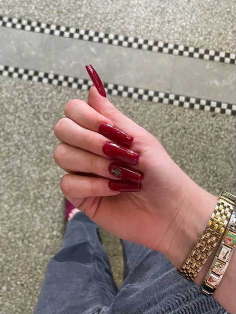 Acrylic Nails Fall 2022, Dark Red Nails With Gems, Gem Acrylic Nails, Acrylic Nails Fall, Nails With Gems, Dark Red Maroon, Dark Red Nails, Wine Nails, Ballerina Nails