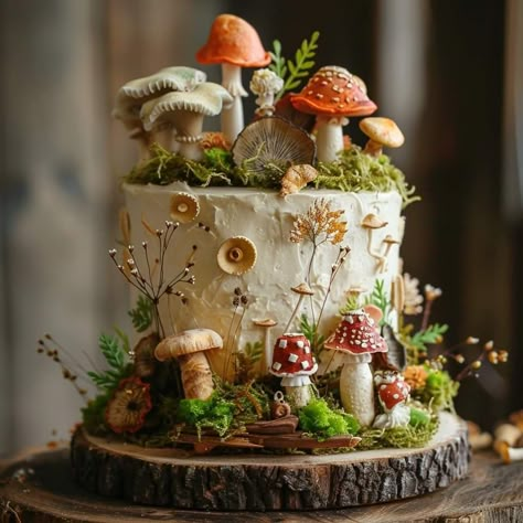 Woodland Fairy Wedding Cake, Mushroom Forest Cake, Mushroom Cakes Birthday, Enchanted Forest Cake Ideas, Fairycore Cake, Woodland Fairy Cake, Moss Cake, Toadstool Cake, Enchanted Garden Party