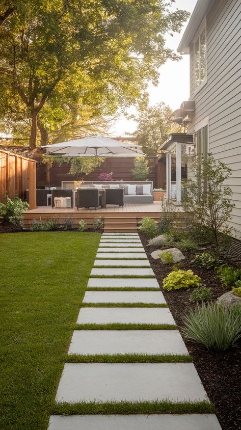 16 Backyard Walkway Ideas » HomeQly.com Walkway From Driveway To Backyard, Pavers Front Yard Entrance, Sidewalk Around House, Synthetic Grass Backyard Ideas, Paver Walkways To Front Door, Synthetic Grass Backyard, Walk Out Patio, Backyard Walkway Ideas, River Rock Path