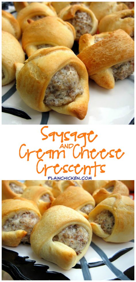 Sausage and Cream Cheese Crescents - only 3 ingredients! Great breakfast or party food! Can make filling ahead of time. People go crazy over these things! Sausage And Cream Cheese, Rolls Food, Crescent Roll Recipes, Food Party, Tailgate Food, Food Easy, Finger Food Appetizers, Football Food, Snacks Für Party