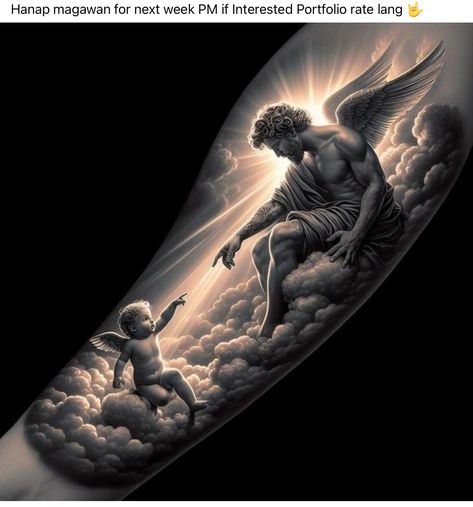 Two Angels Tattoo, Angel Sleeve Tattoo, Christus Tattoo, Angels Tattoo, Tattoo Jesus, Archangel Tattoo, Heaven Tattoos, Realistic Tattoo Sleeve, Two Angels