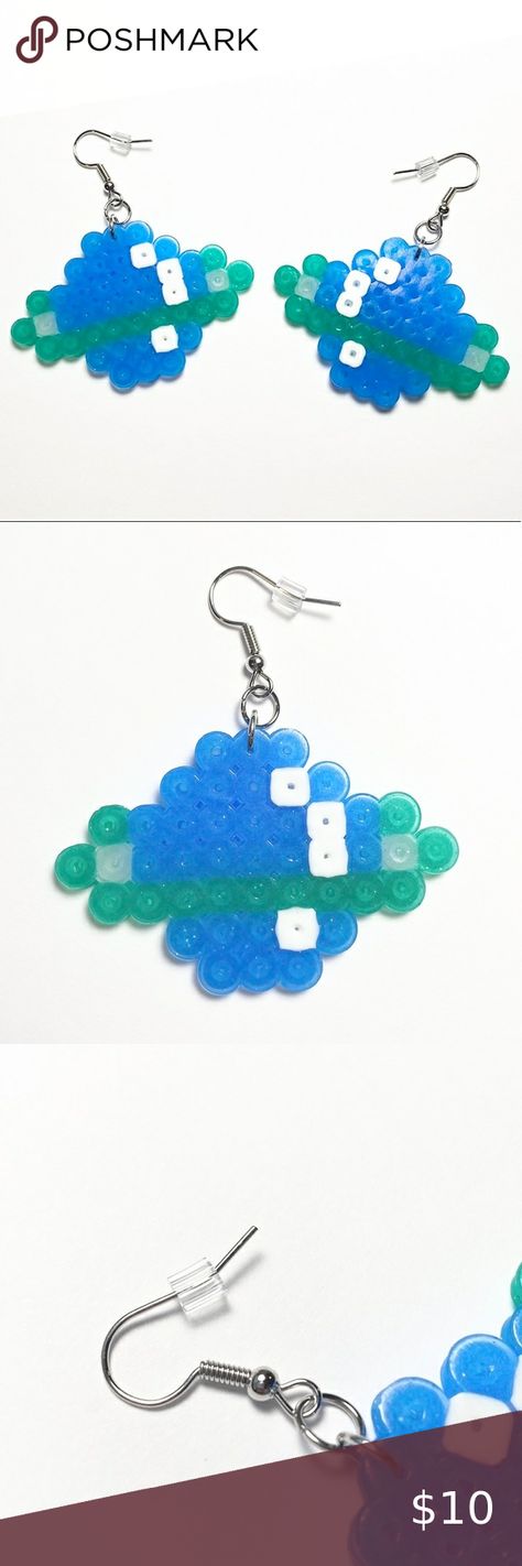 Perler Bead Handmade Blue/Green Saturn Earrings. New Saturn Perler Beads, Saturn Earrings, Perler Bead, Perler Beads, New Shop, Handmade Silver, Blue Green, Craft Ideas, Drop Earrings