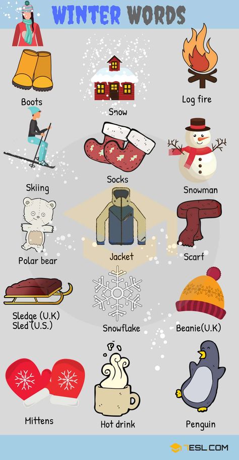 Seasons List: Useful Seasons Vocabulary Words with Pictures - 7 E S L English Winter, Winter Vocabulary, Language Logo, For Seasons, Winter Words, Learning English For Kids, Language Quotes, Language Art, English Vocab