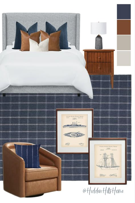 Teen boys nautical bedroom with navy blue and brown tones! This bedroom has a gray upholstered bed paired with a navy blue rug. Navy And Cognac Bedroom, Navy Masculine Bedroom, Navy Nautical Bedroom, Navy And Leather Bedroom, Masculine Beach House Decor, Men’s Coastal Bedroom, Navy Tan Bedroom, Coastal Masculine Bedroom, Masculine Beach House