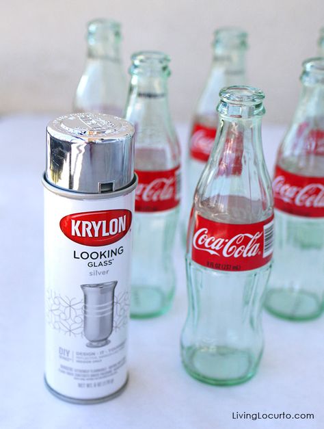 How to Make a Mercury Glass Coke Bottle Centerpiece Coke Bottle Crafts, Mercury Glass Centerpiece, Glass Coke Bottles, Soda Bottle Crafts, Krylon Looking Glass, Soda Can Art, Coca Cola Decor, Glassware Crafts, Easy Diy Home Decor