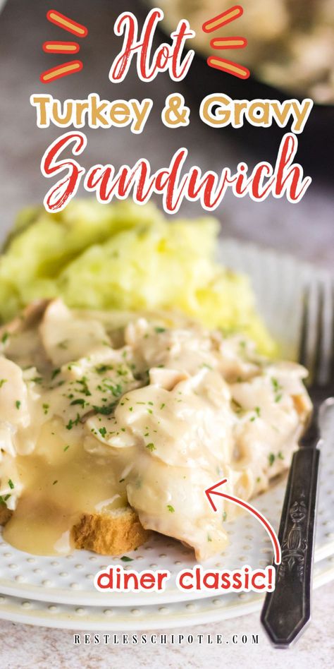 Turkey And Gravy Over Mashed Potatoes, Hot Open Faced Turkey Sandwich, Open Face Chicken Sandwich With Gravy, Open Face Turkey Sandwich Gravy, Turkey And Gravy Sandwiches, Hot Turkey Sandwich Recipes, Hot Turkey Sandwich With Gravy, Turkey Manhattan, Open Faced Turkey Sandwich